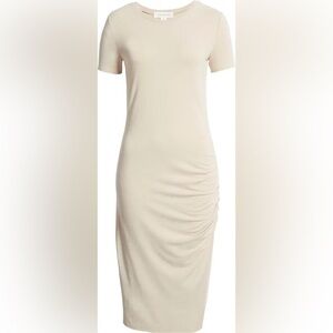 New Treasure & Bond Side Ruched BodyCon Midi Dress Beige Oatmeal Heather
